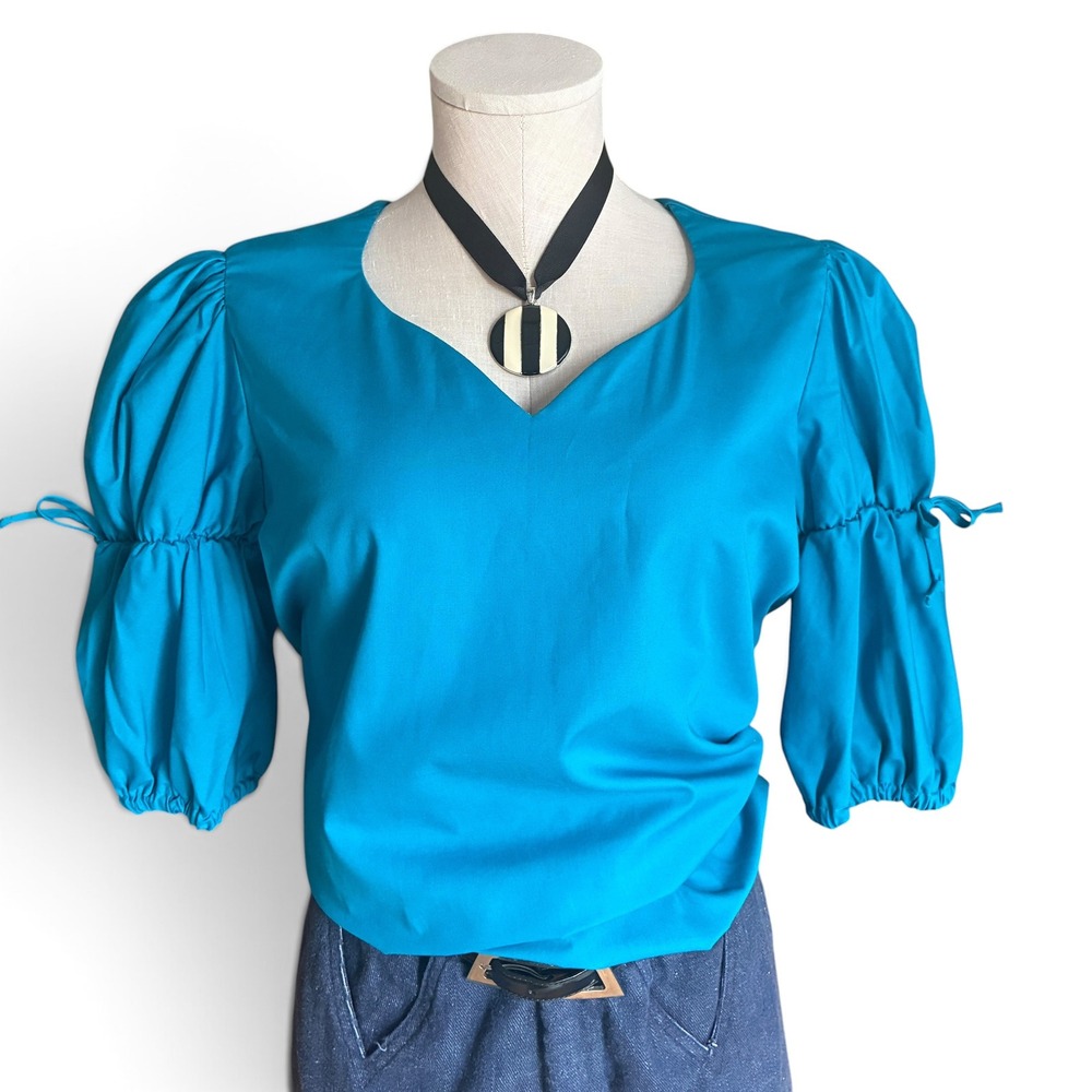 Vintage 70s Peasant Blouse Blue Poet Sleeve Boho Top Medium - Picture 9 of 9